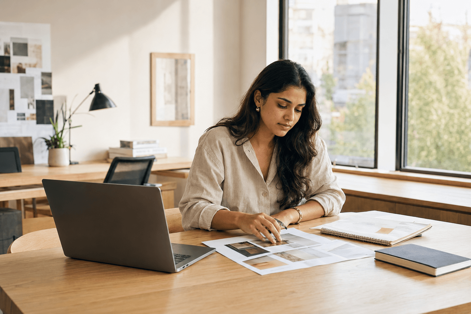 A small business owner working with AI tools on a laptop in a bright home office