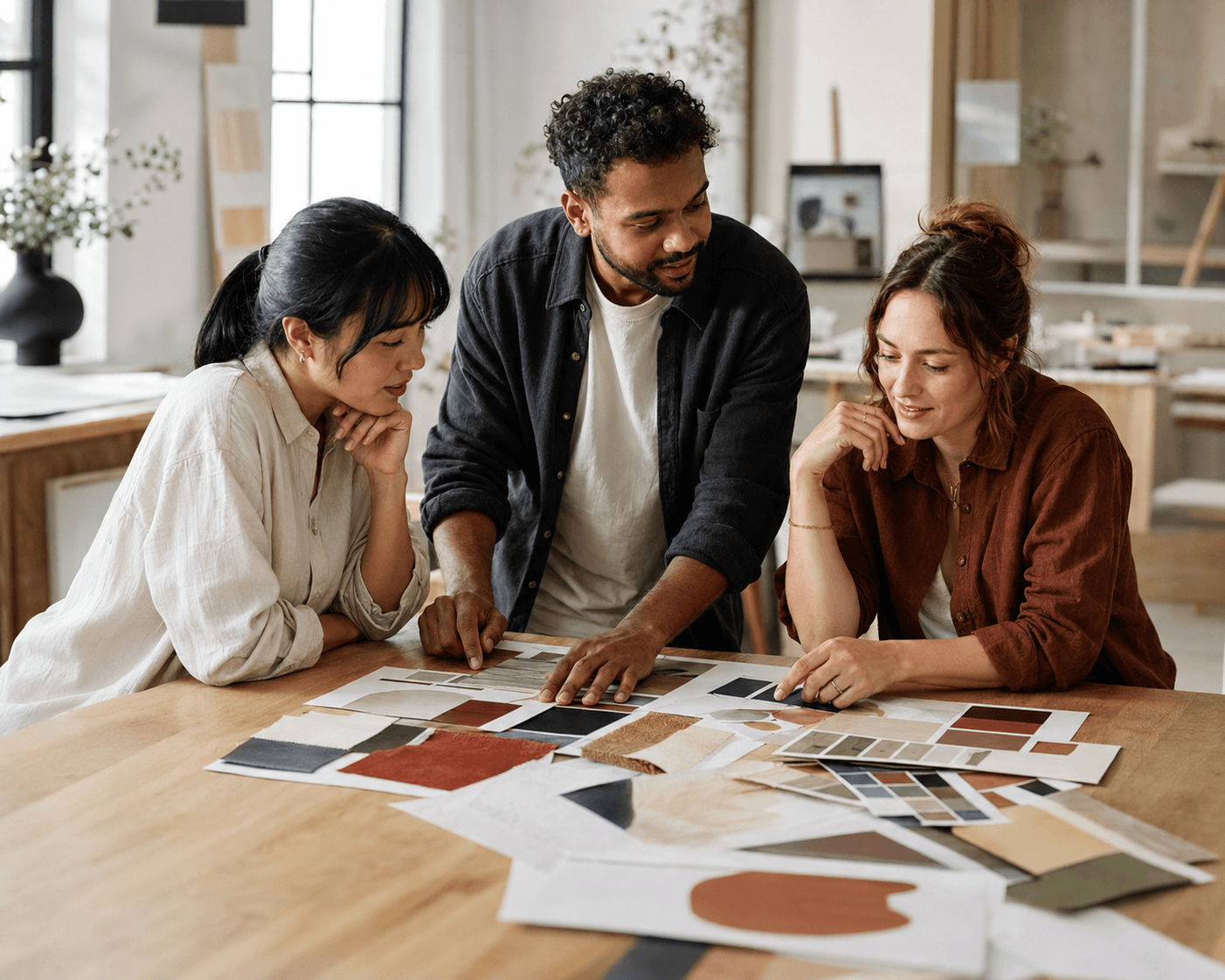 A small team collaborating around a table in a bright workspace