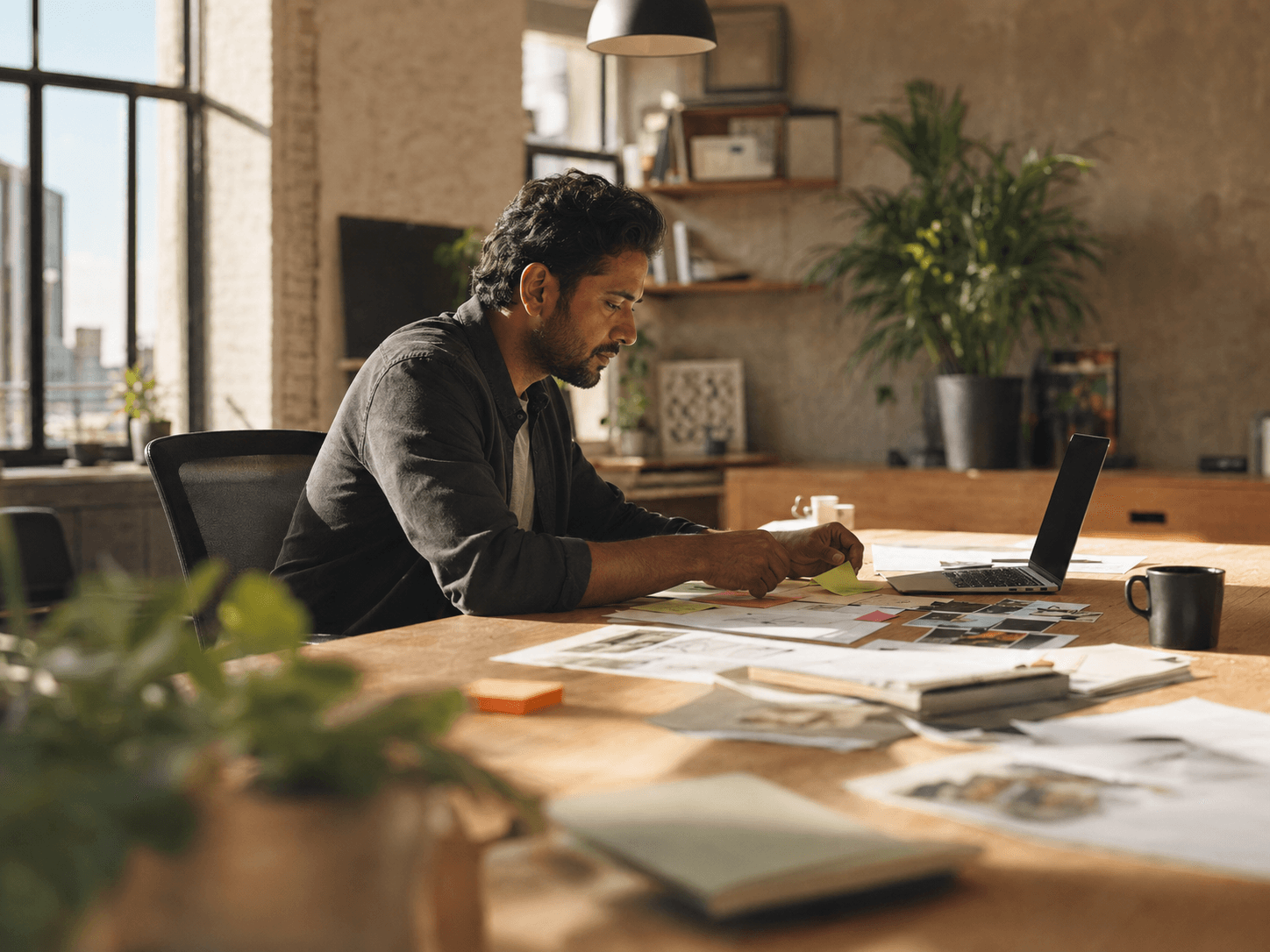 A business owner planning at a laptop in a small studio office
