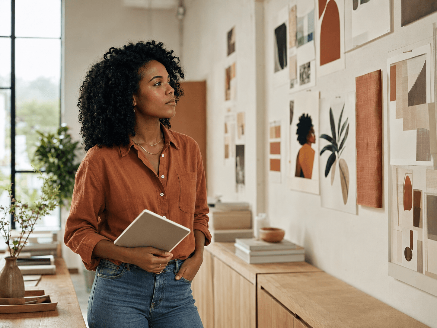 A small business owner reviewing marketing ideas on a tablet